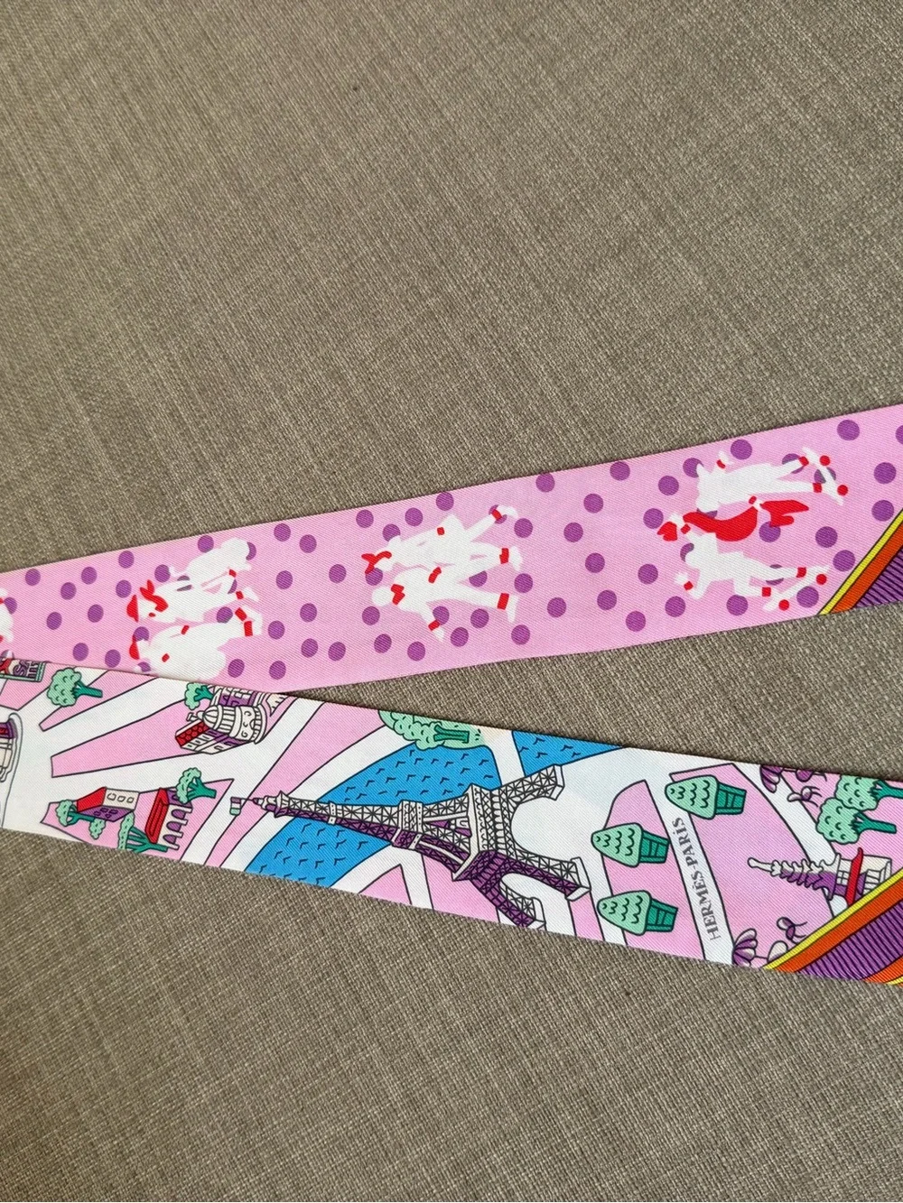 Hermes Pink Illustrated Silk Twilly with Orange Accents